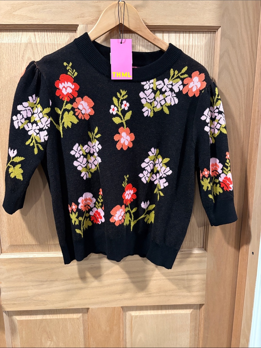 THML Black Floral Crewneck Sweater with Pink & Red Blooms